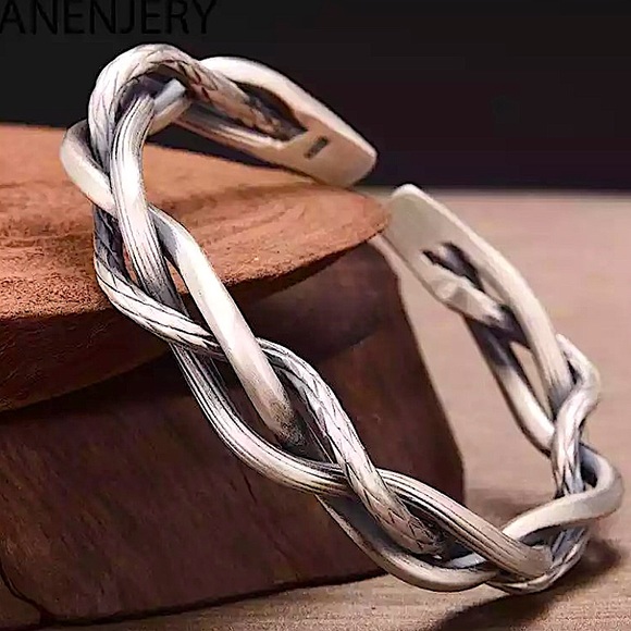 Braided Sterling Silver Bangle Cuff Bracelet - Picture 8 of 16